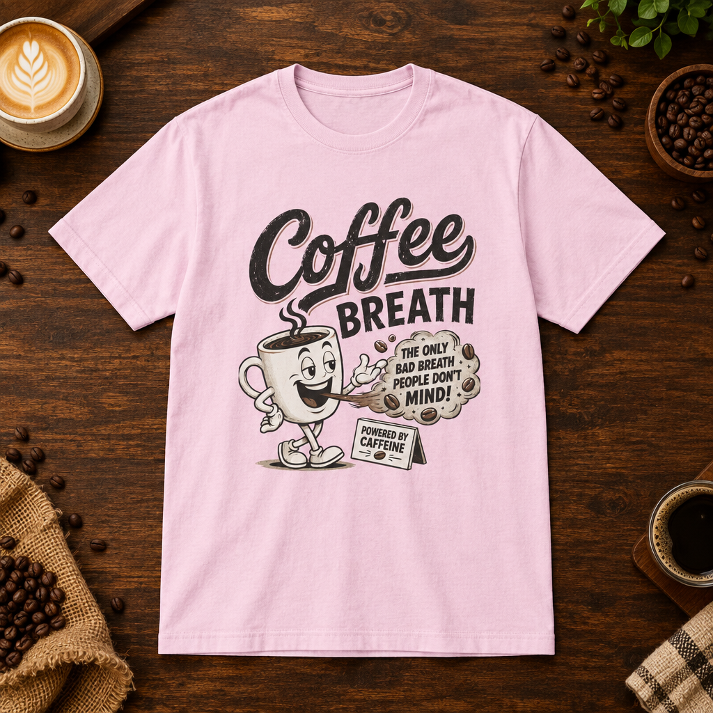 Coffee Breath T-Shirt Light Pink on warm coffee bar
