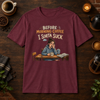 Before Morning Coffee T-Shirt in Maroon, coffee bar flat lay mockup