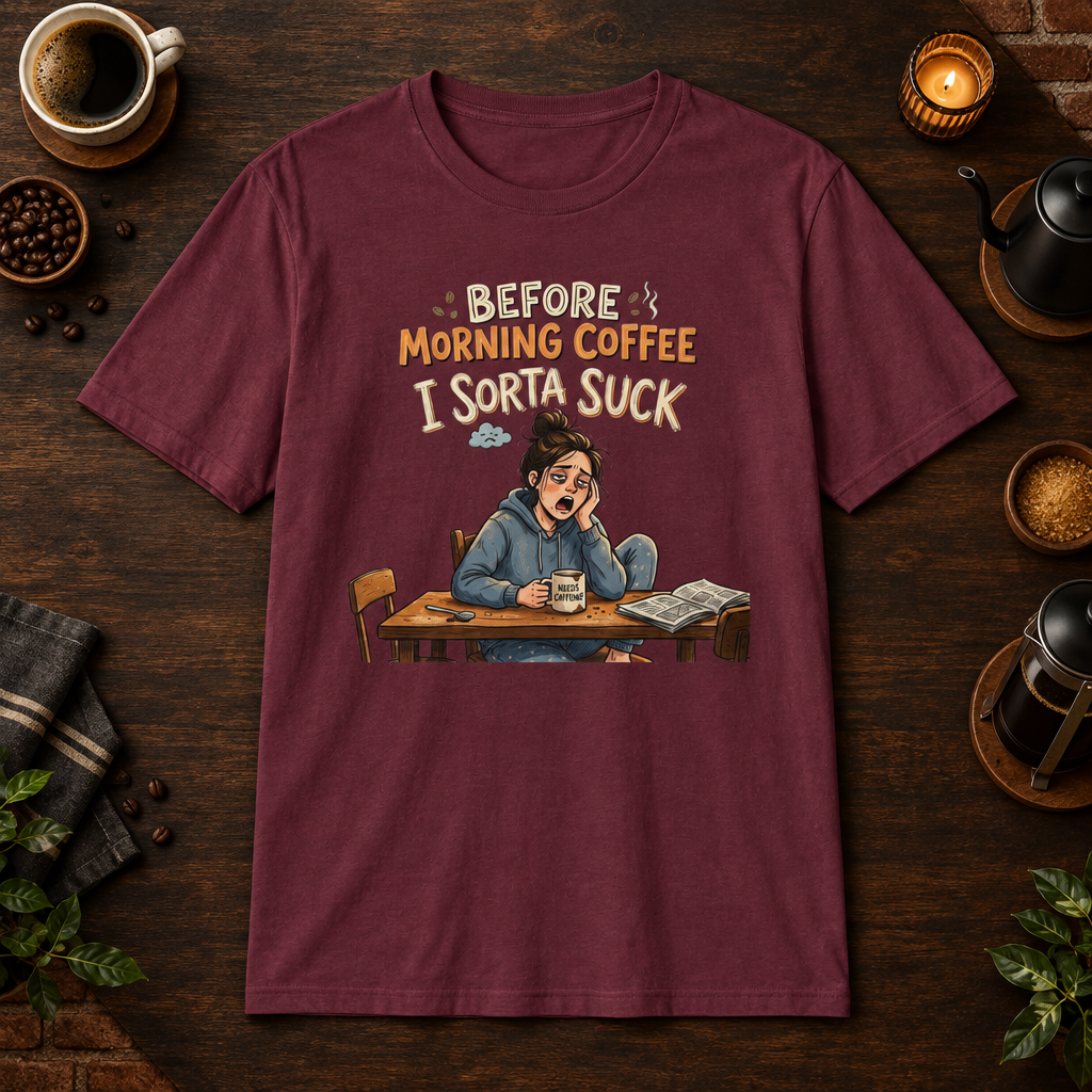 Before Morning Coffee T-Shirt in Maroon, coffee bar flat lay mockup