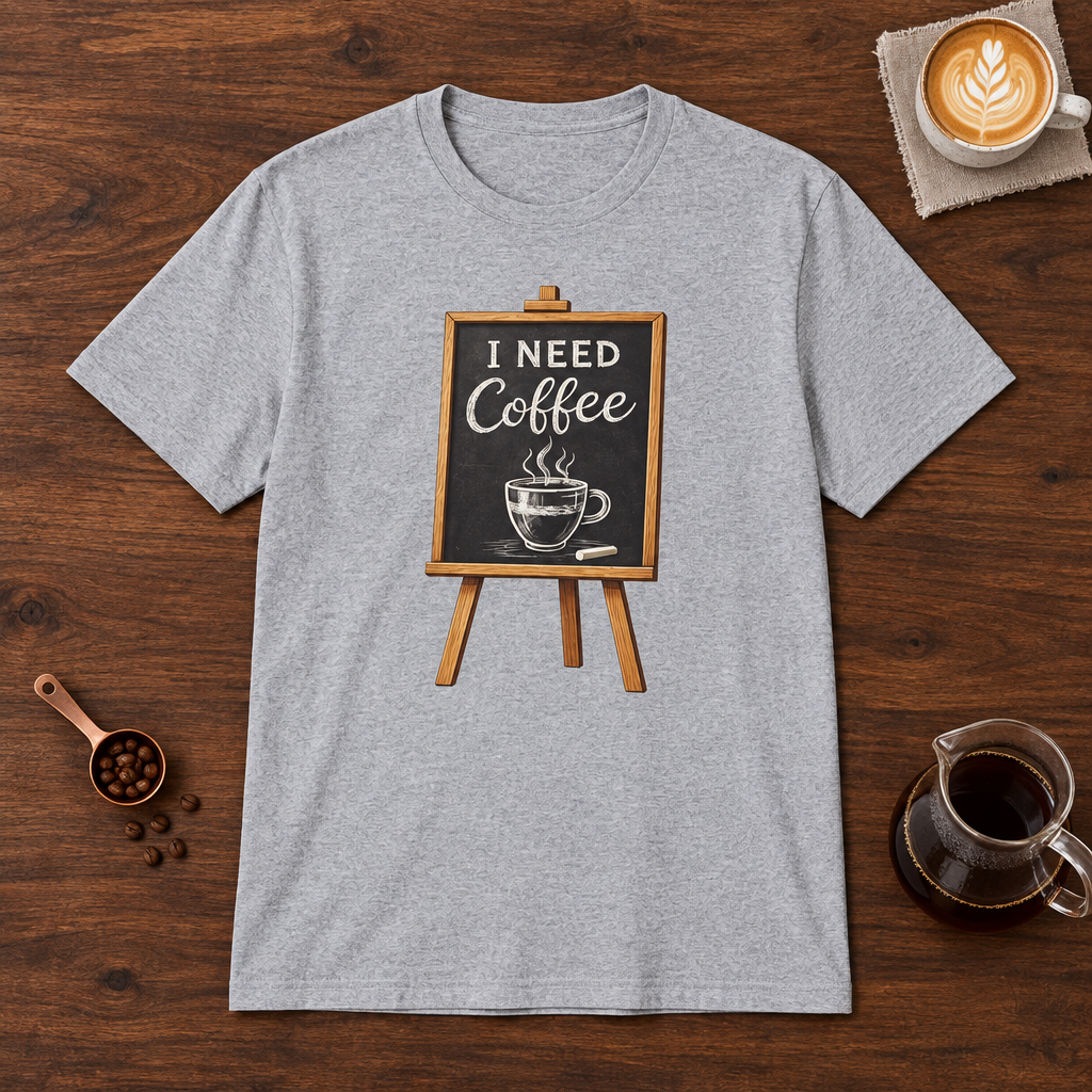 I Need Coffee T-Shirt Sport Grey flat lay on walnut coffee bar