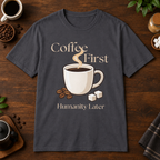 Coffee First T-Shirt Charcoal on warm coffee bar
