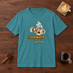Caffeinated Over Everything T-Shirt Heather Galapagos Blue flat lay on walnut coffee bar