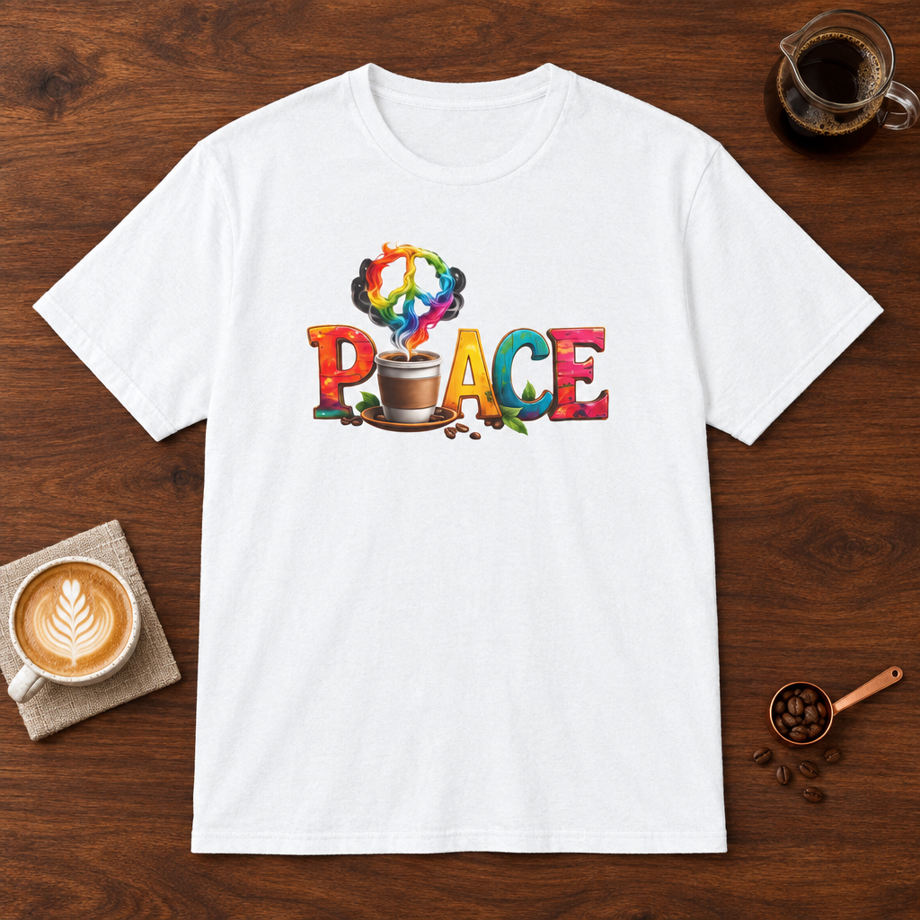 Peace T-Shirt White coffee bar mockup