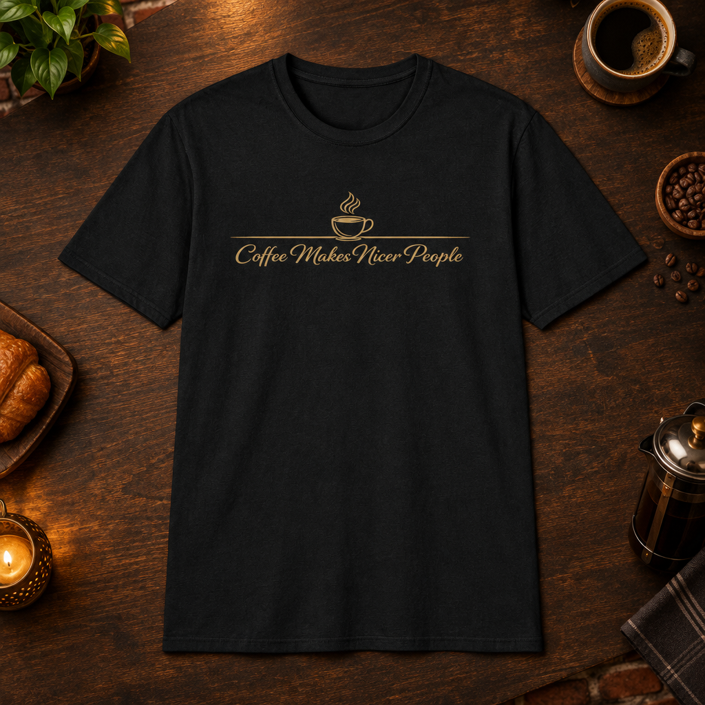 Nicer People T-Shirt in Black, coffee bar flat lay mockup