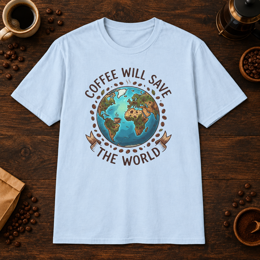 Coffee Will Save The World T-Shirt in Light Blue, overhead coffee-bar flat-lay mockup