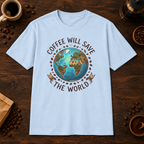 Coffee Will Save The World T-Shirt in Light Blue, overhead coffee-bar flat-lay mockup