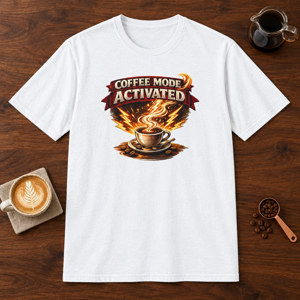 Coffee Mode Activated T-Shirt White coffee bar mockup