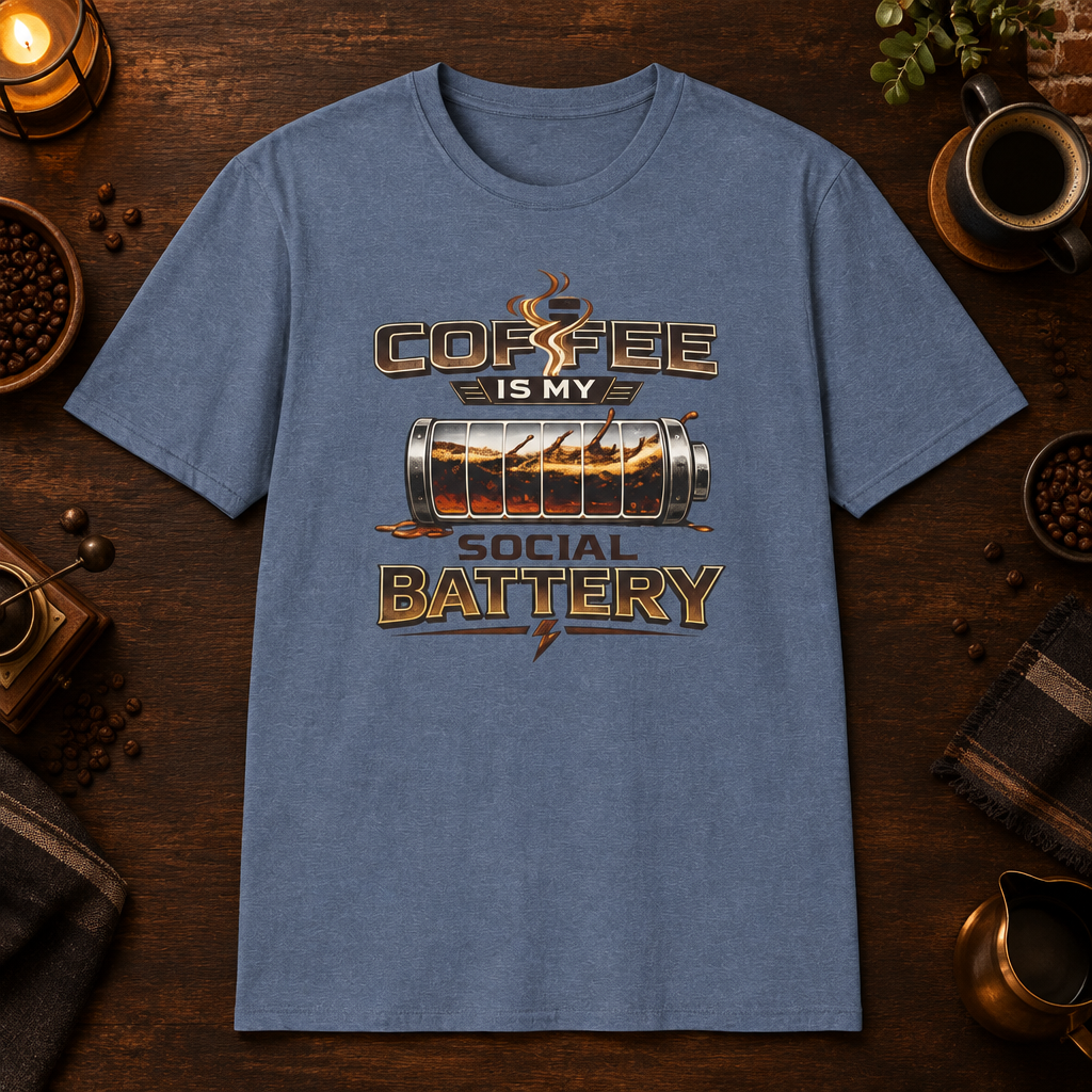 Coffee is My Social Battery T-Shirt in Heather Indigo, zoomed lifestyle mockup
