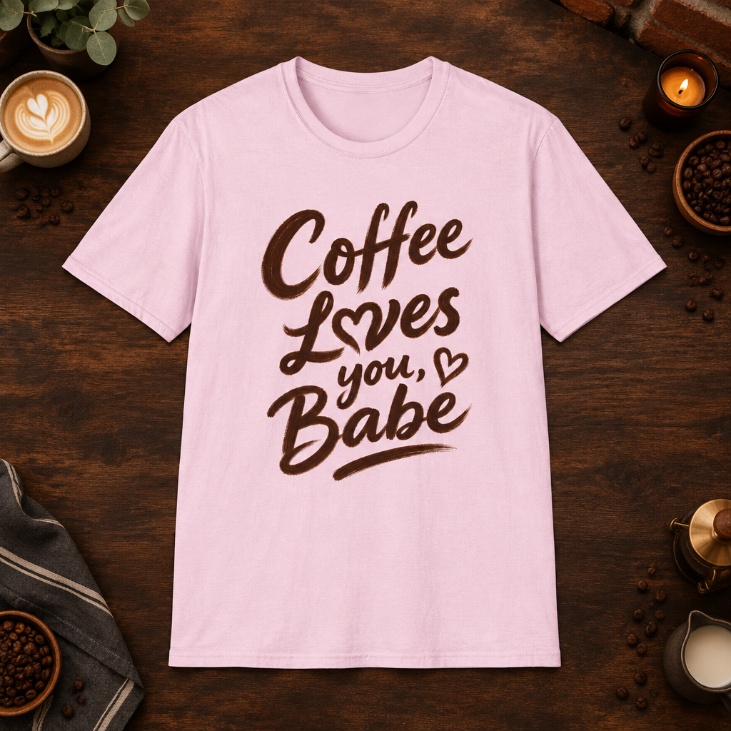 Coffee Loves You, Babe T-Shirt in Light Pink, coffee bar flat lay mockup