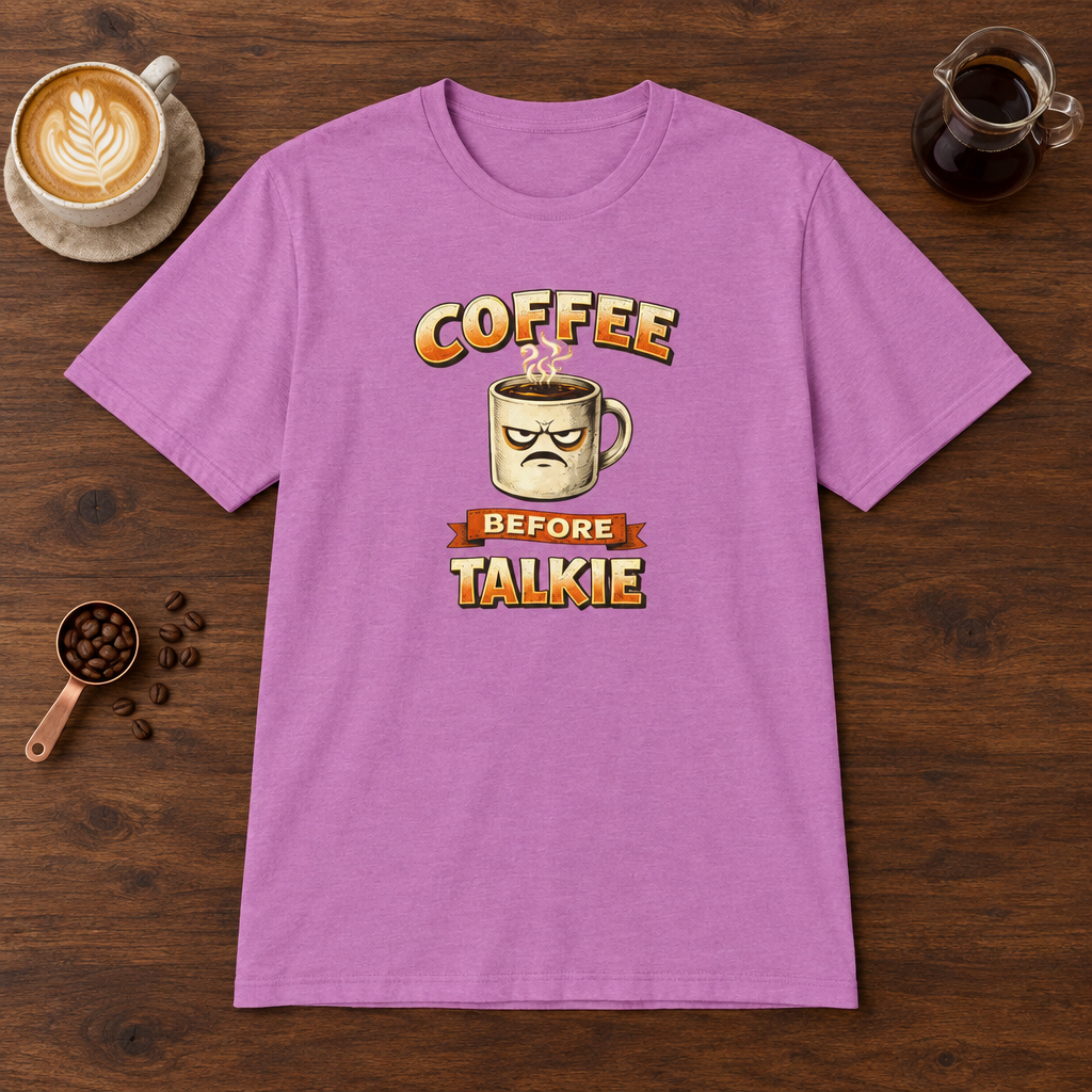 Coffee Before Talkie T-Shirt Heather Radiant Orchid coffee bar mockup
