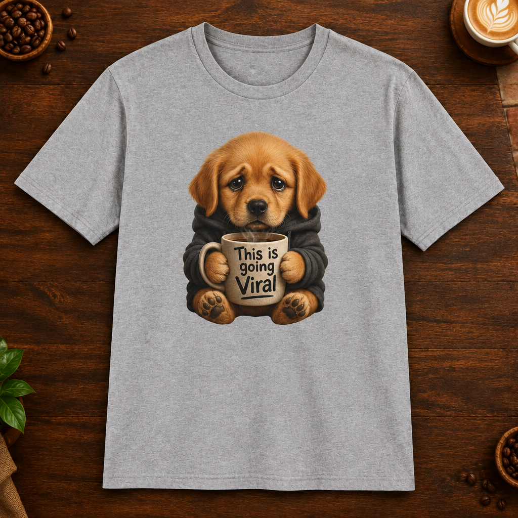 This Is Going Viral T-Shirt in Sport Grey on a dark wood coffee bar