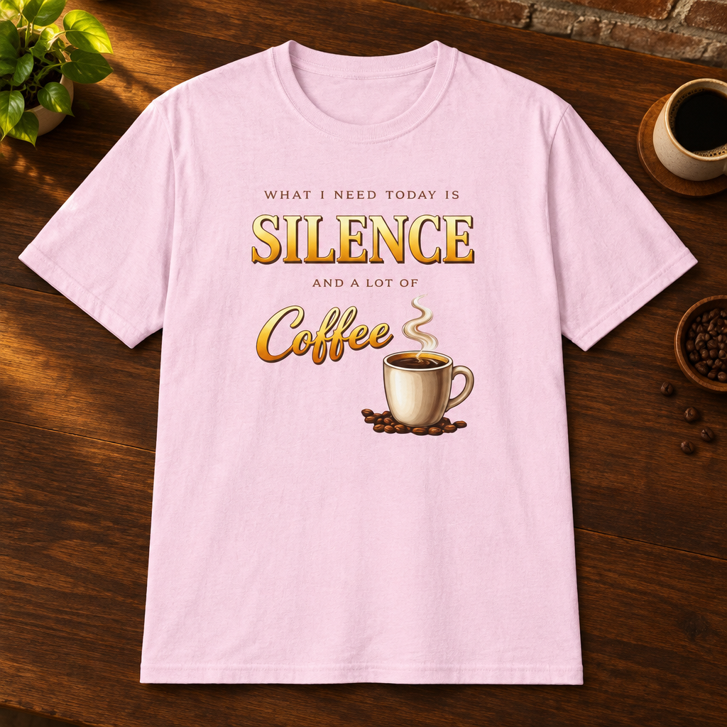 What I Need is Silence T-Shirt Light Pink close-fill short-sleeve coffee-bar flat lay