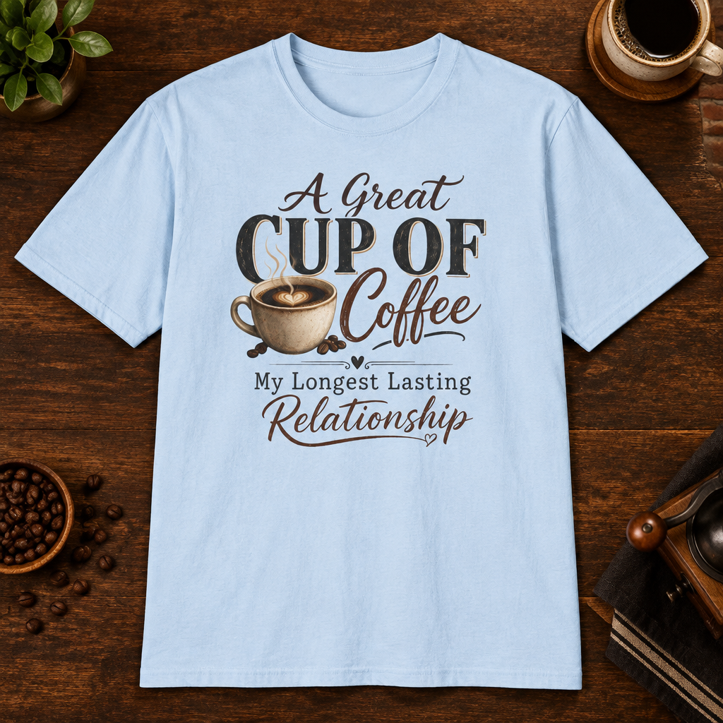 A Great Cup of Coffee T-Shirt Light Blue flat-lay mockup