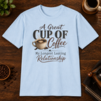 A Great Cup of Coffee T-Shirt Light Blue flat-lay mockup