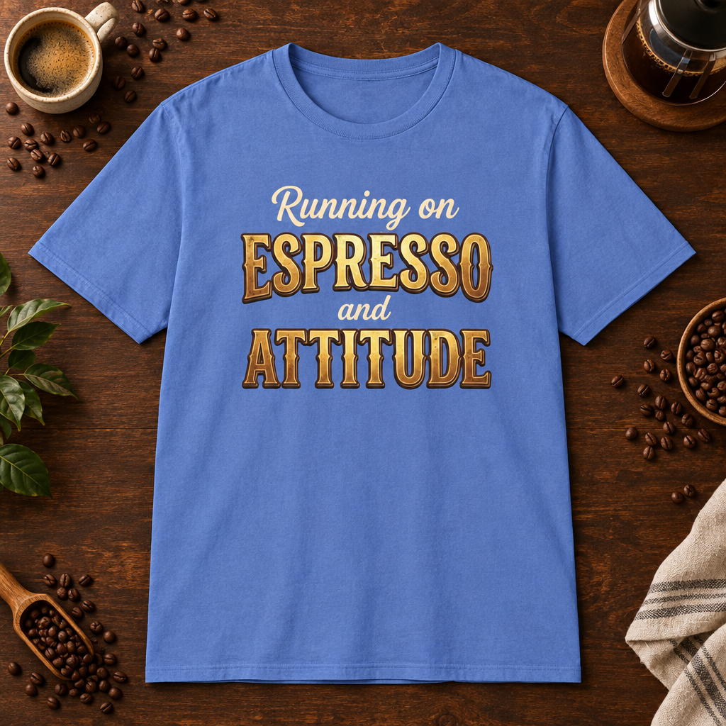 Running of Espresso and Attitude T-Shirt Iris coffee-bar flat lay
