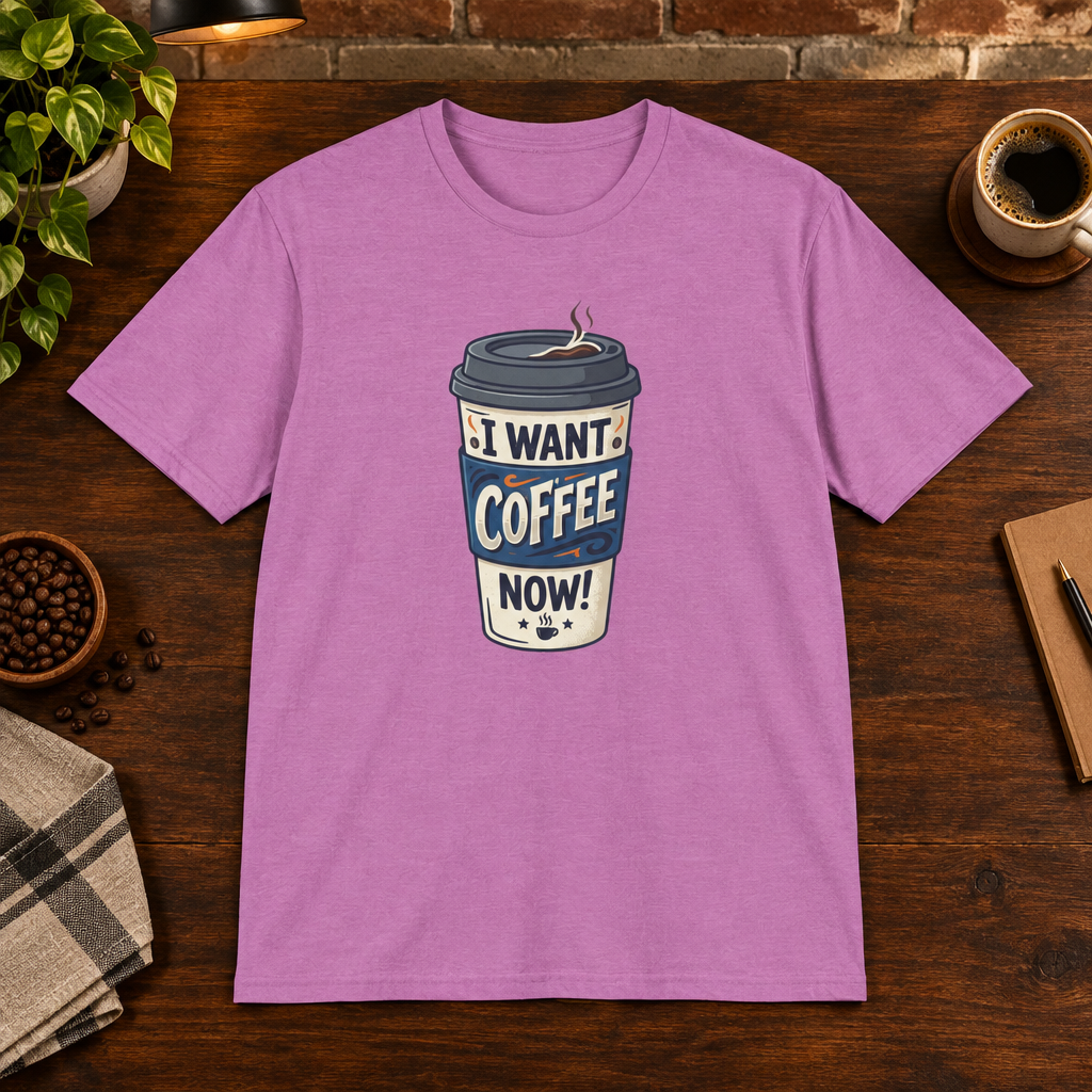 White Coffee Cup T-Shirt Heather Radiant Orchid close-fill short-sleeve coffee-bar flat lay