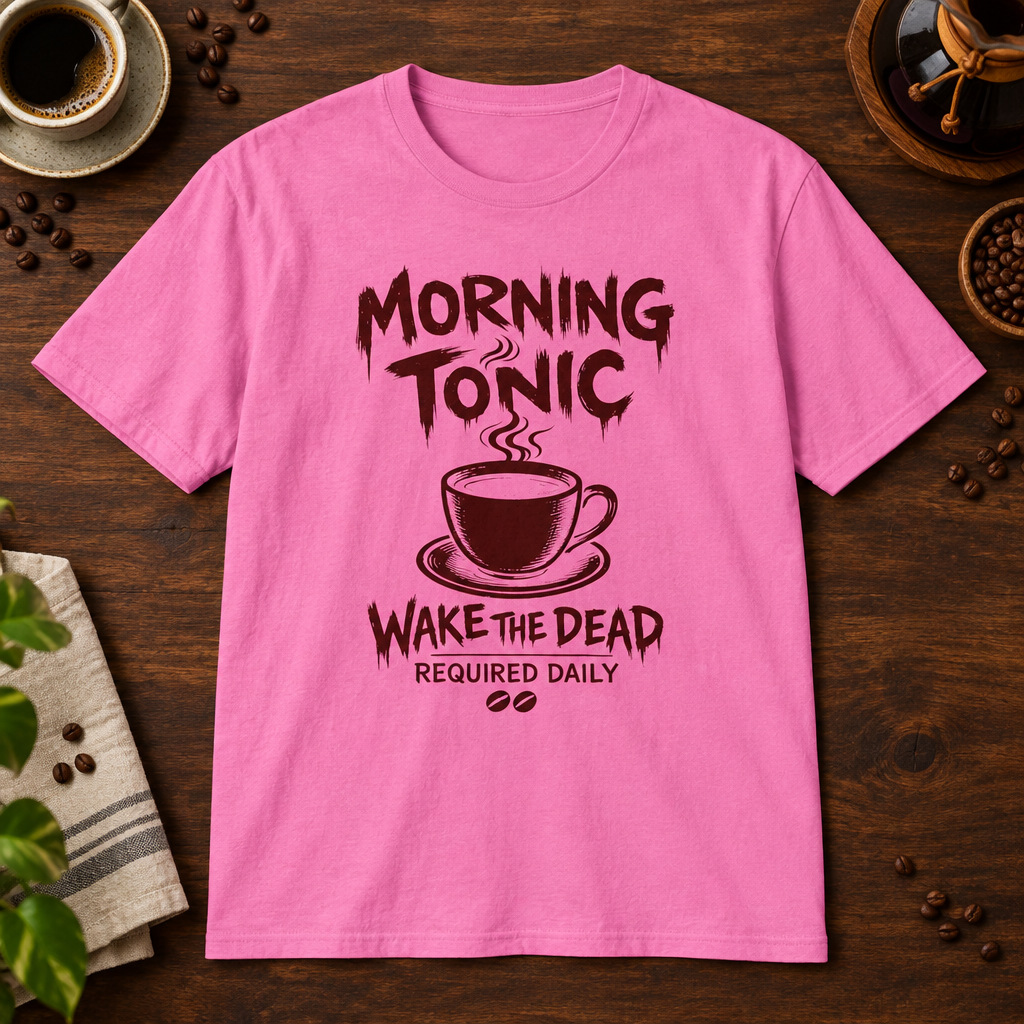 Morning Tonic T-Shirt Azalea coffee-bar flat lay