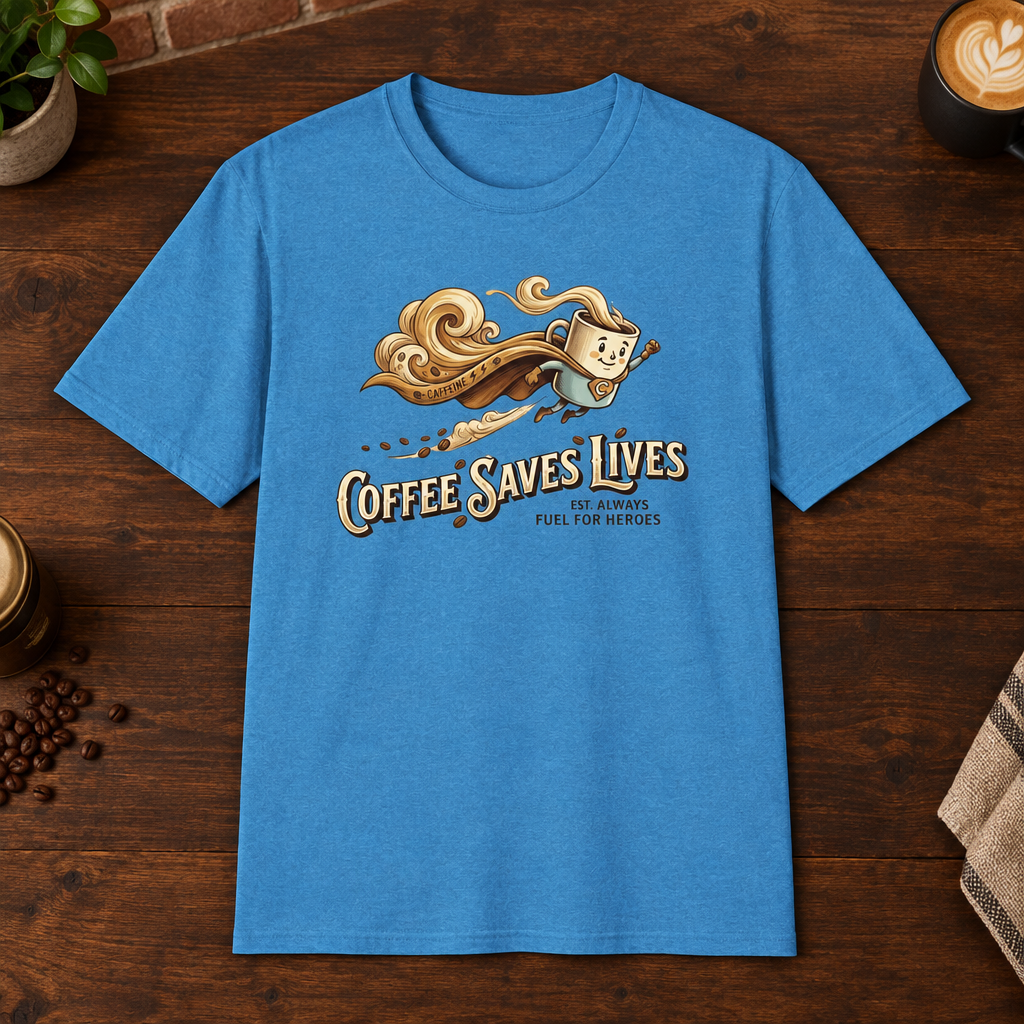 Coffee Saves Lives T-Shirt Heather Sapphire subtly closer coffee-bar flat lay