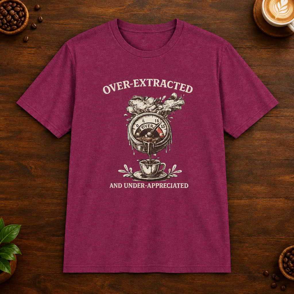 Over-Extracted T-Shirt in Antique Heliconia on a wooden coffee-themed background