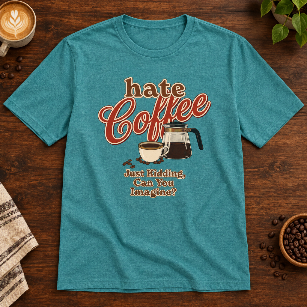 Hate Coffee T-Shirt Heather Galapagos Blue on warm coffee bar