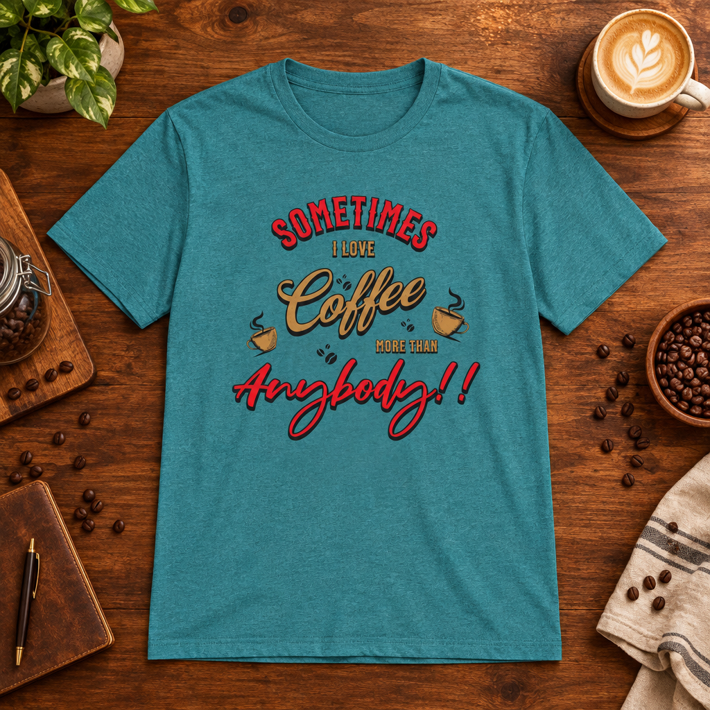 Sometimes I Love Coffee T-Shirt Heather Galapagos Blue on warm coffee bar