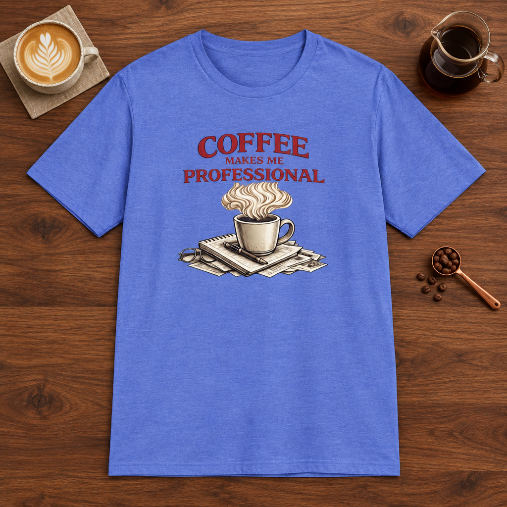 Coffee Makes Me Professionial T-Shirt Heather Royal coffee bar mockup