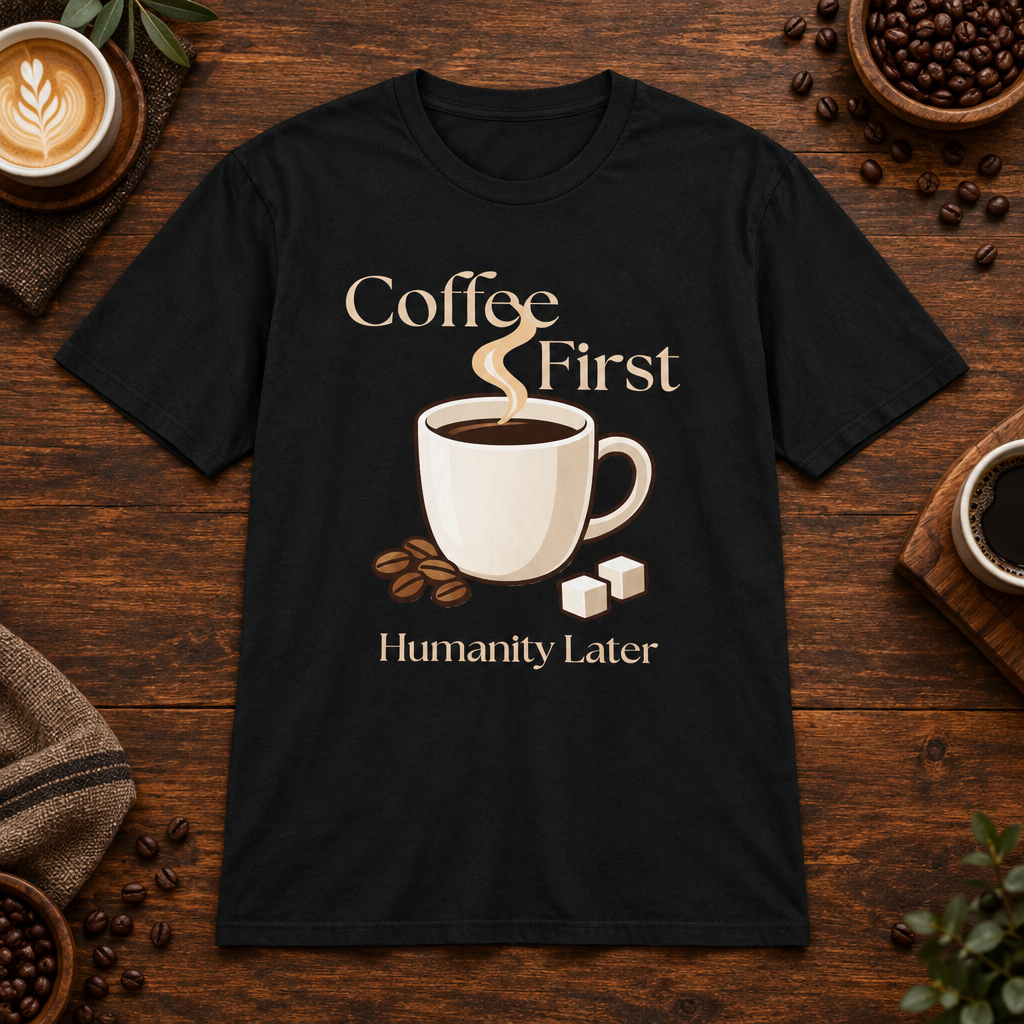 Coffee First T-Shirt Black on warm coffee bar