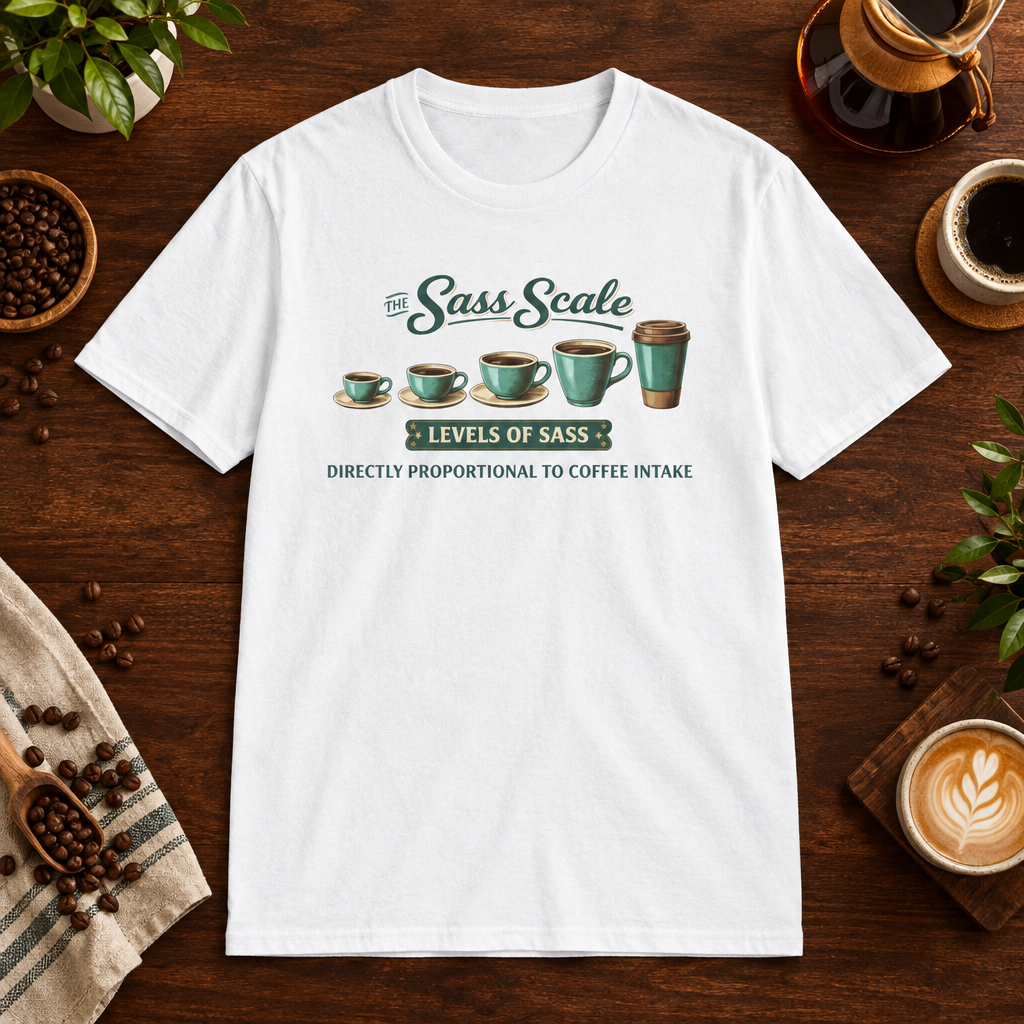 Sass Scale T-Shirt White short-sleeve coffee-bar flat lay