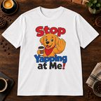 Stop Yapping at Me T-Shirt in White, coffee bar flat lay mockup