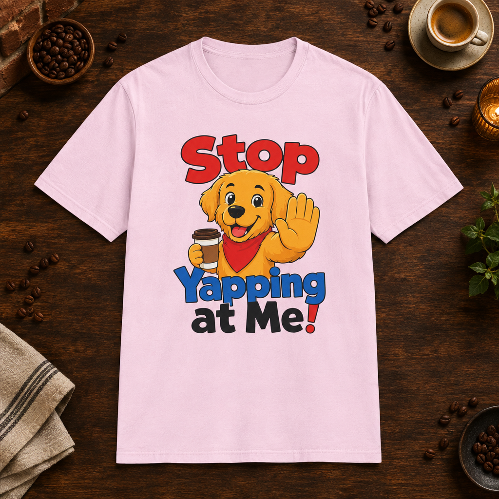 Stop Yapping at Me T-Shirt in Light Pink, coffee bar flat lay mockup