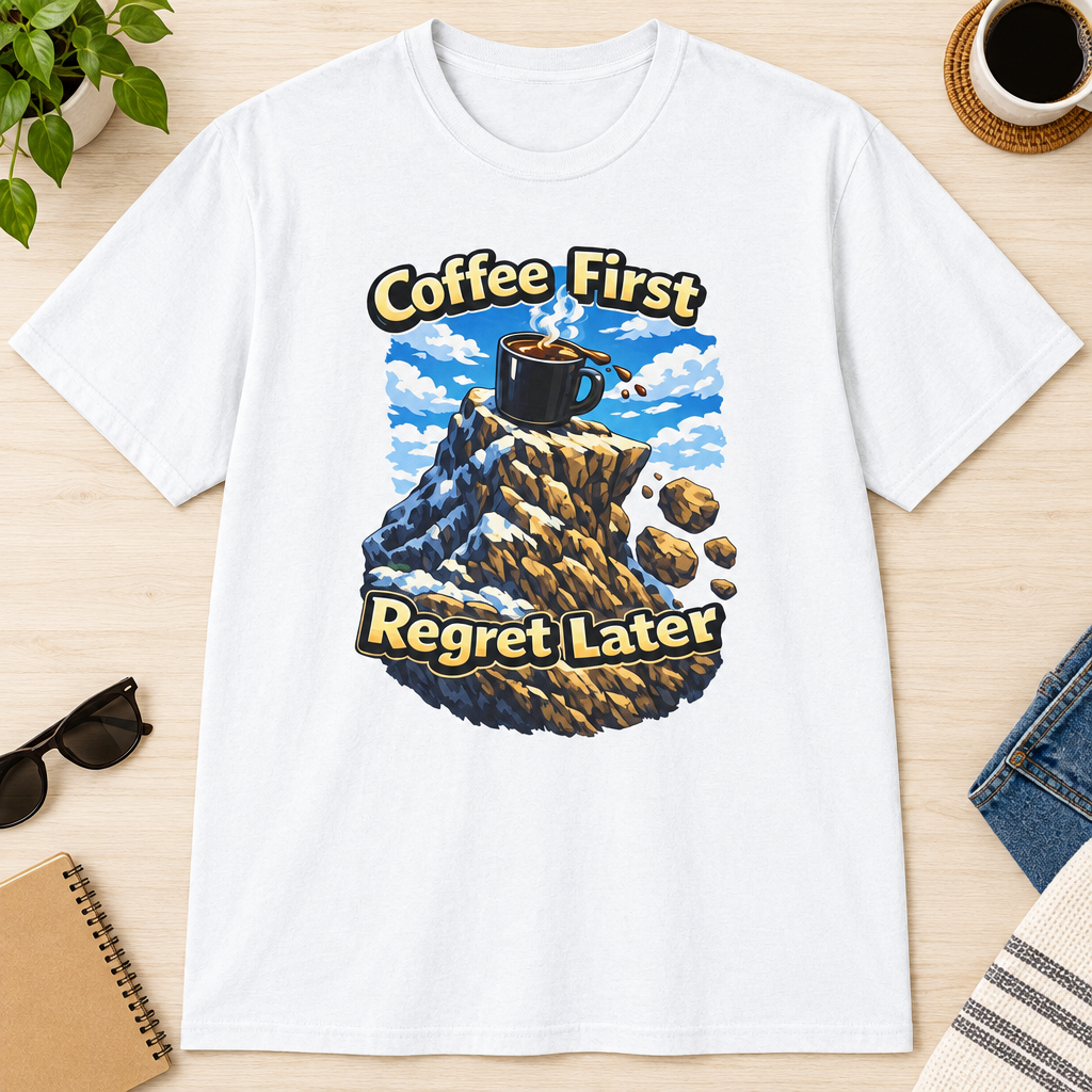 Coffee First Regret Later T-Shirt in Stone Blue, zoomed lifestyle mockup