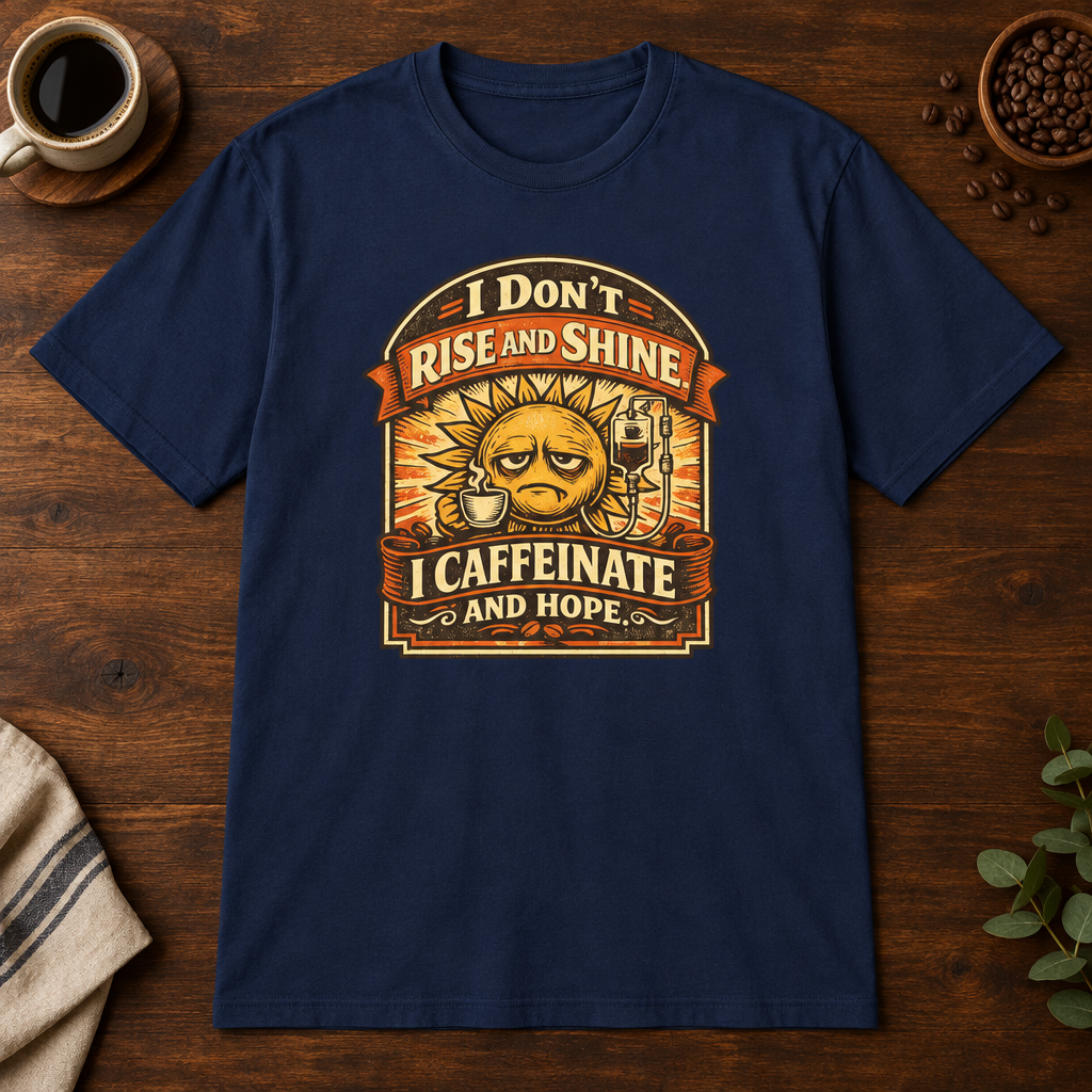 I Don't Rise and Shine T-Shirt Navy short-sleeve coffee-bar flat lay