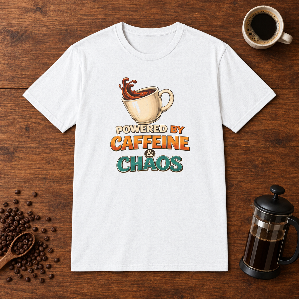 Powered by Caffeine and Chaos T-Shirt White coffee-bar flat lay