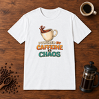 Powered by Caffeine and Chaos T-Shirt White coffee-bar flat lay