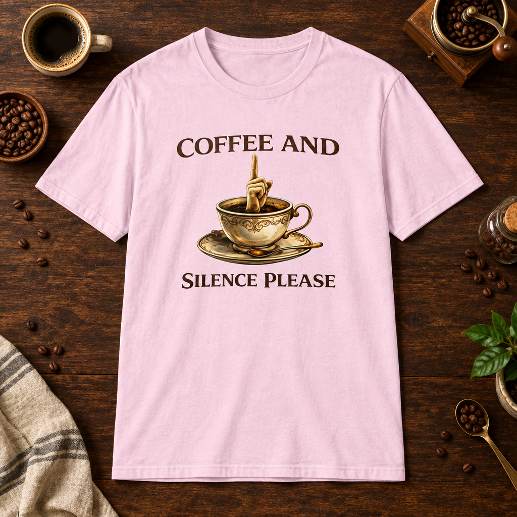 Coffee and Silence Please T-Shirt Light Pink coffee-bar flat lay