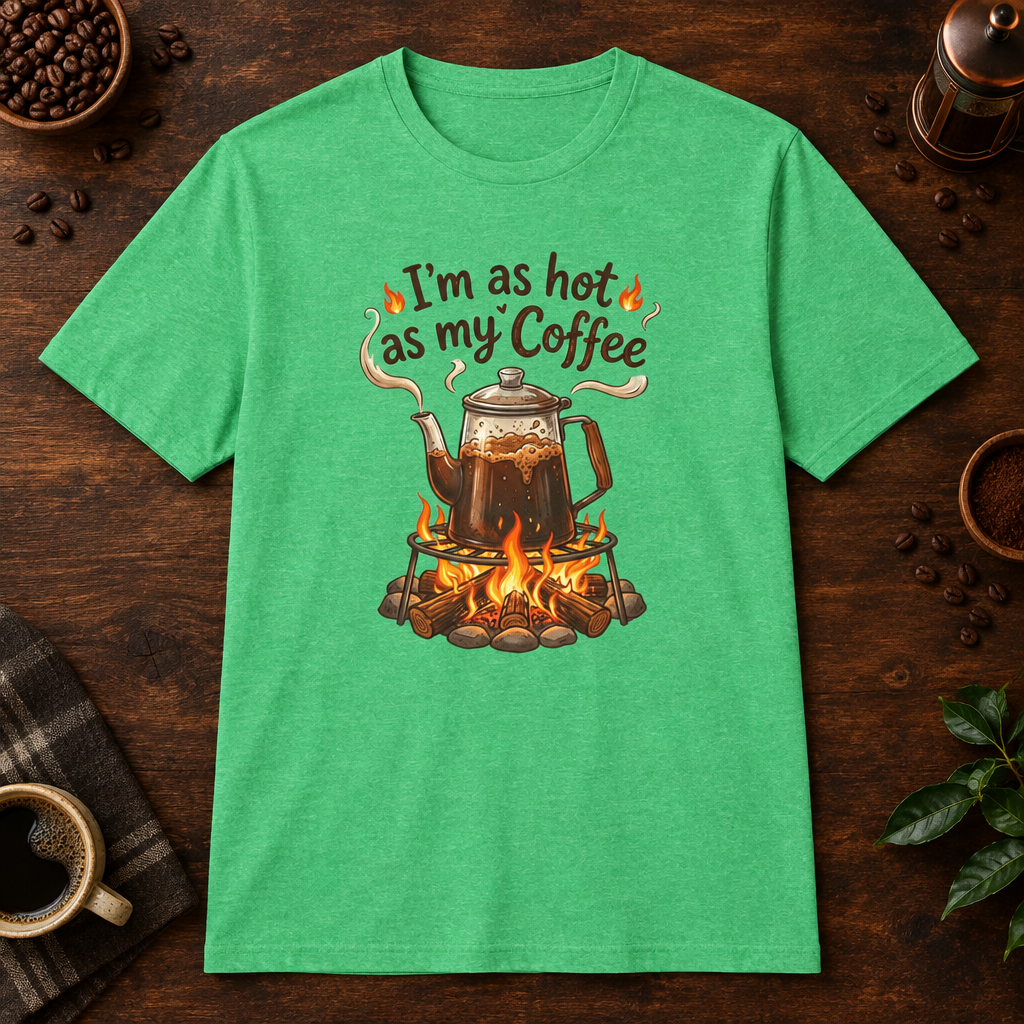 I'm as hot as my Coffee T-Shirt in Heather Irish Green, overhead coffee-bar flat-lay mockup