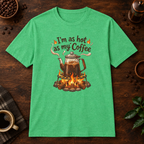 I'm as hot as my Coffee T-Shirt in Heather Irish Green, overhead coffee-bar flat-lay mockup