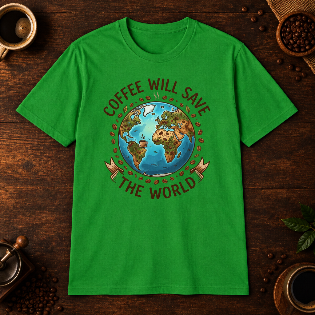 Coffee Will Save The World T-Shirt in Irish Green, overhead coffee-bar flat-lay mockup
