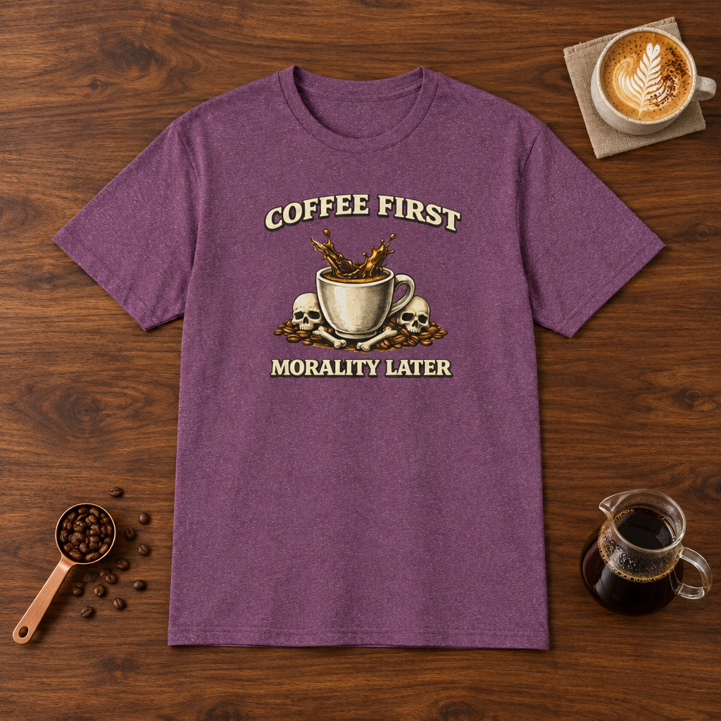 Coffee First Morality Later T-Shirt Heather Maroon flat lay on walnut coffee bar