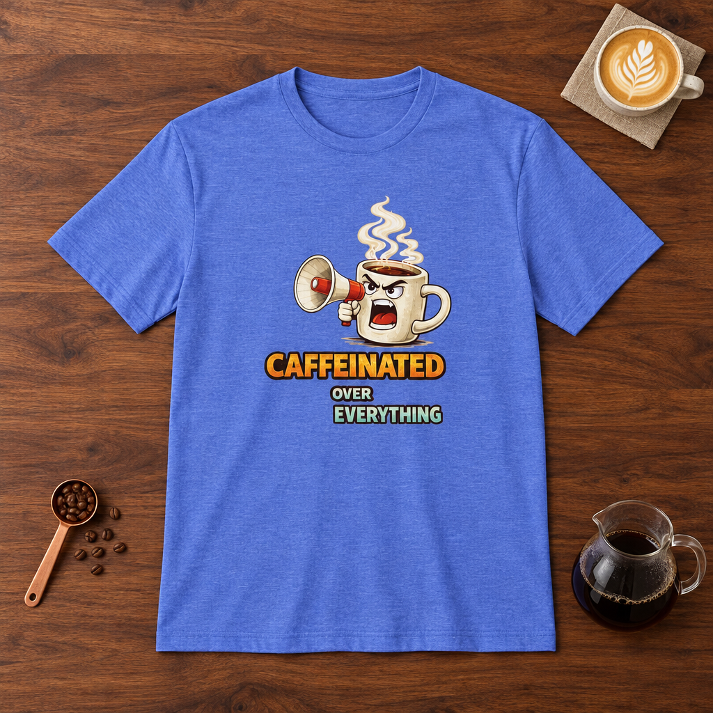 Caffeinated Over Everything T-Shirt Heather Royal flat lay on walnut coffee bar