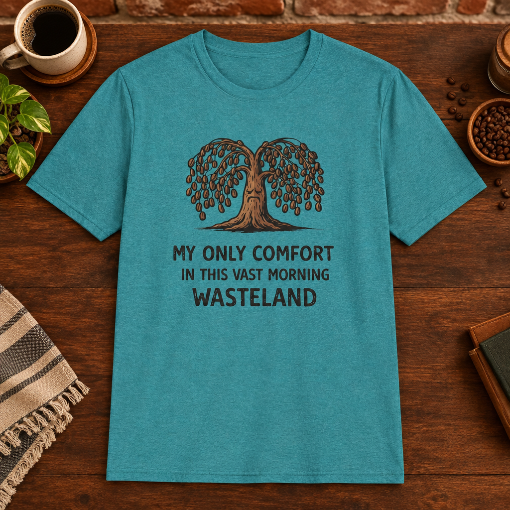 My Only Comfort T-Shirt Heather Galapagos Blue close-fill short-sleeve coffee-bar flat lay