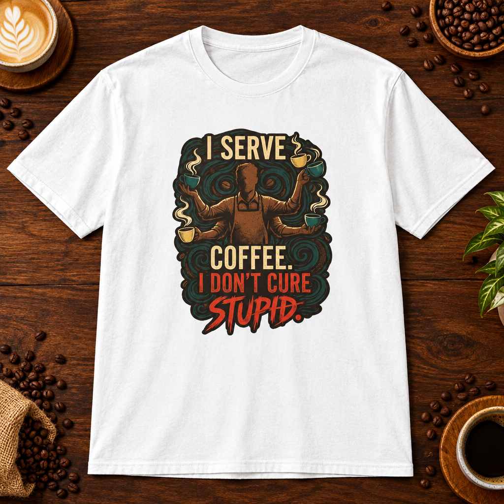 I Don't Cure Stupid T-Shirt White on warm coffee bar