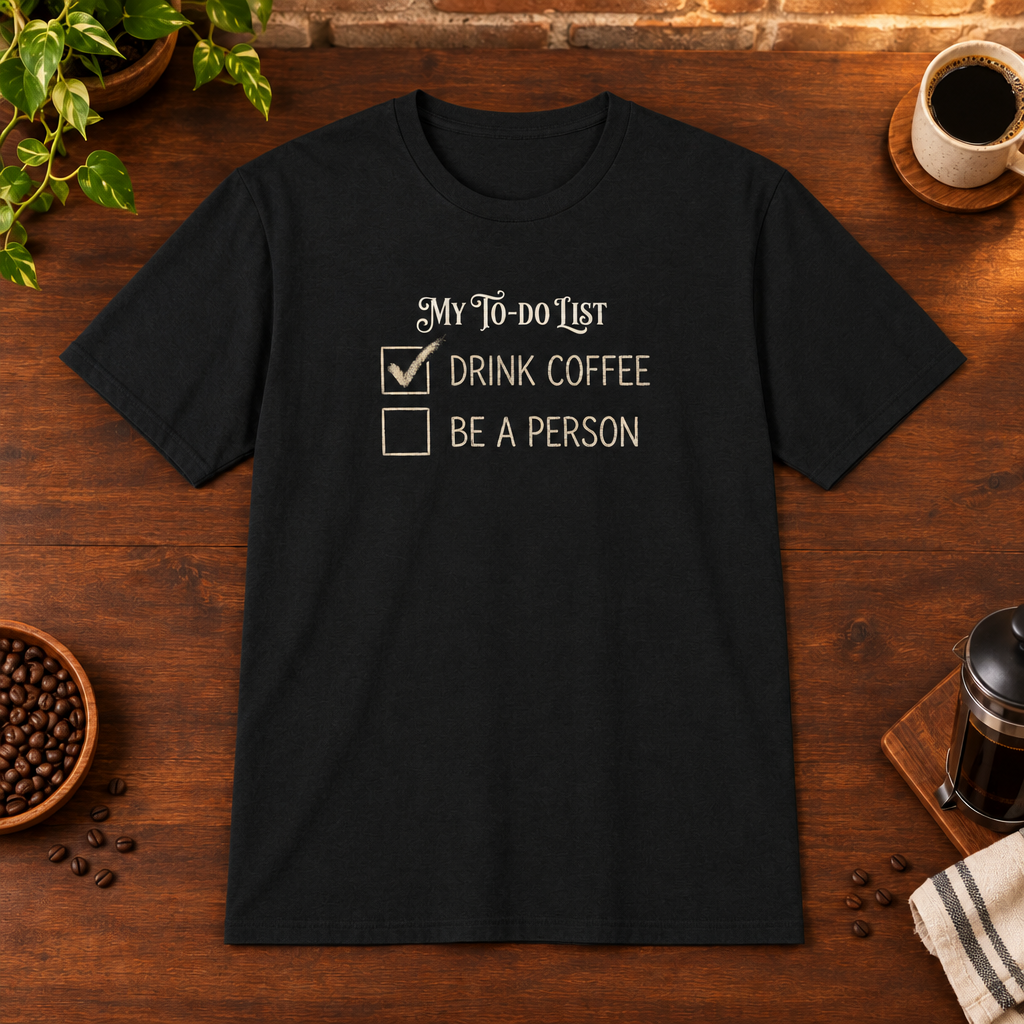 My To Do List T-Shirt Black coffee-bar flat lay, consistent framing