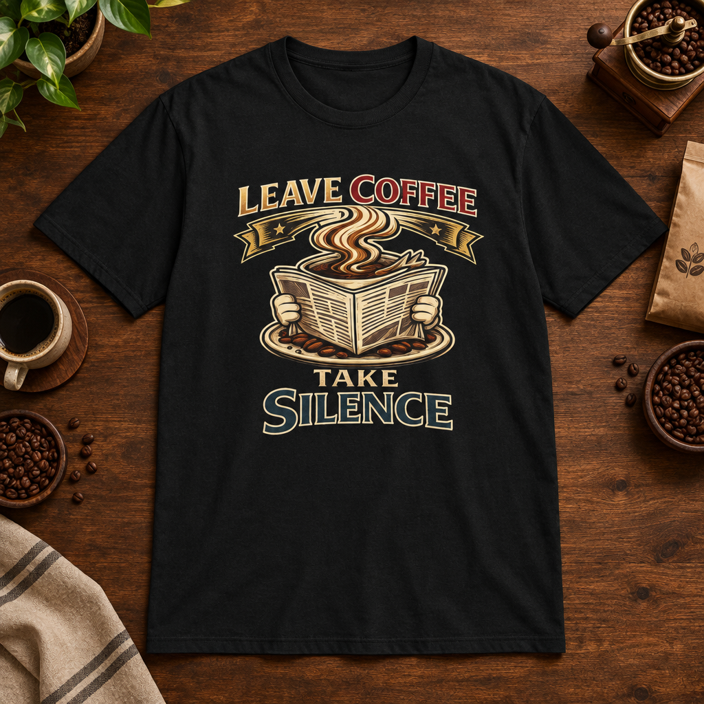 Leave Coffee Take Silence T-Shirt Black coffee-bar flat lay
