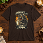 I Am Happy T-Shirt Dark Chocolate on warm coffee bar