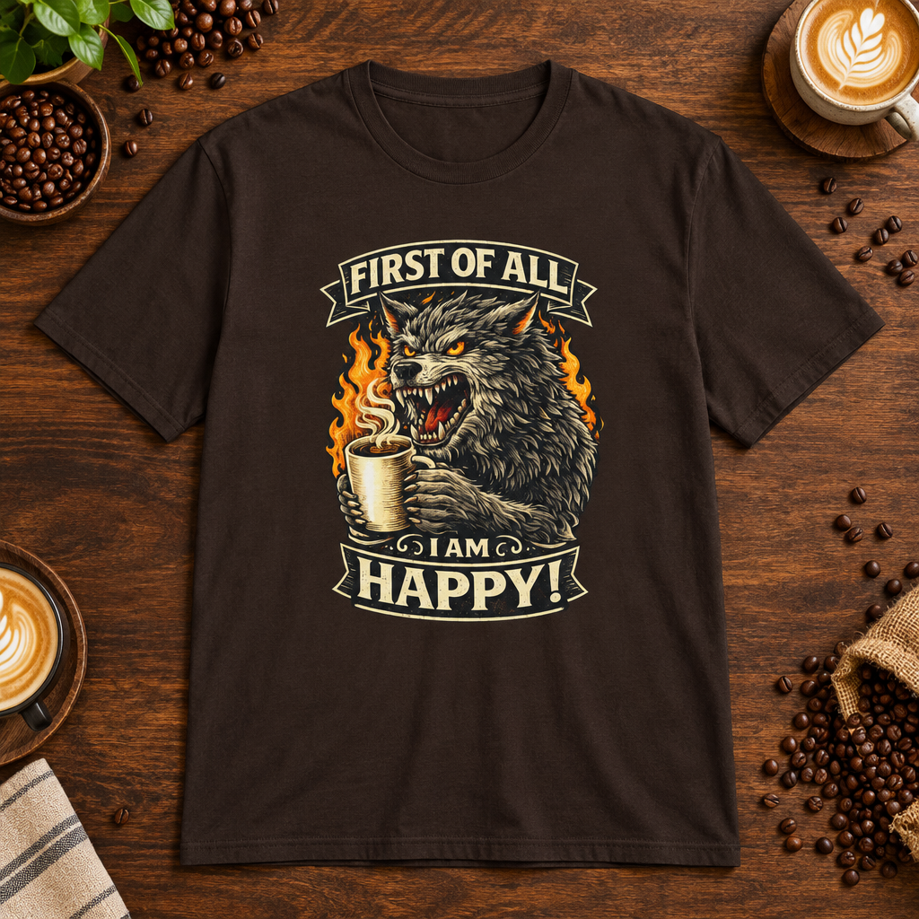 I Am Happy T-Shirt Dark Chocolate on warm coffee bar