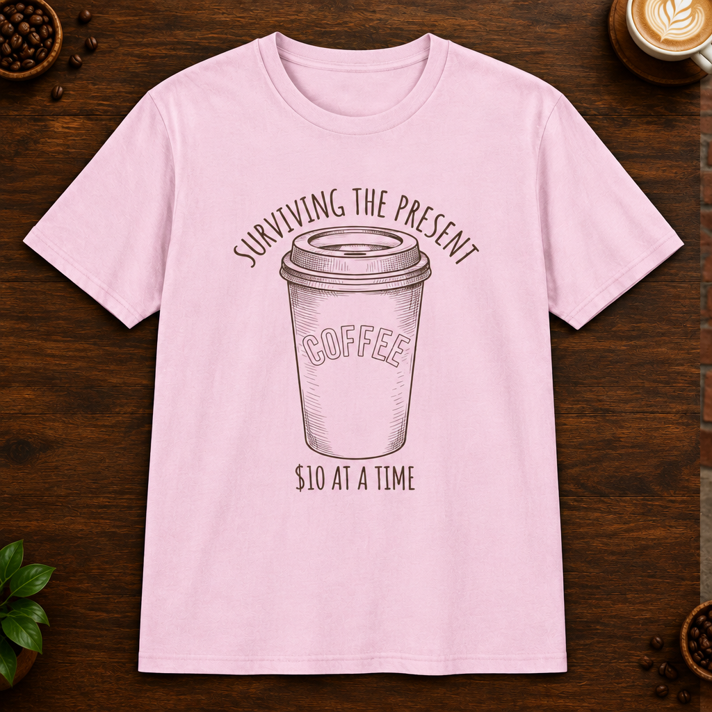 Surviving the Present T-Shirt in Light Pink on a dark wood coffee bar