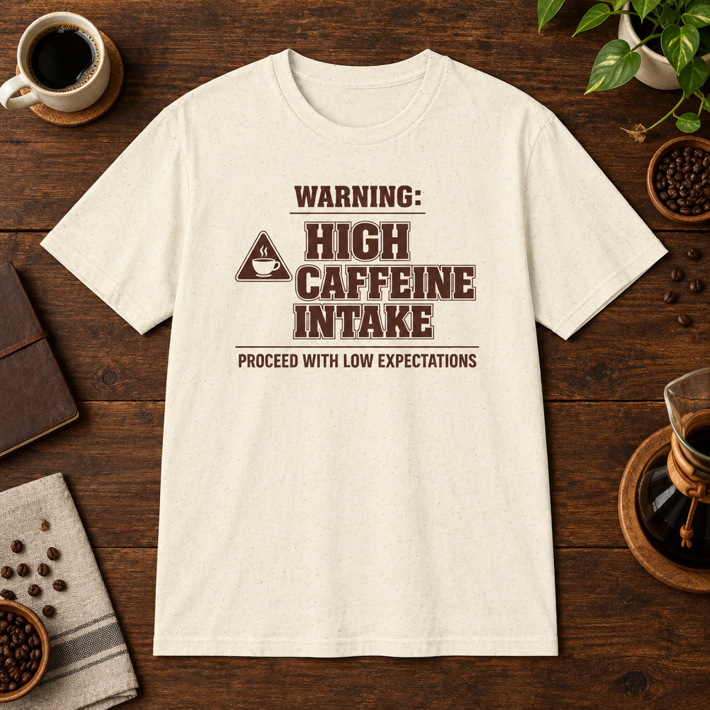 Caffeine Warning T-Shirt Natural short-sleeve coffee-bar flat lay