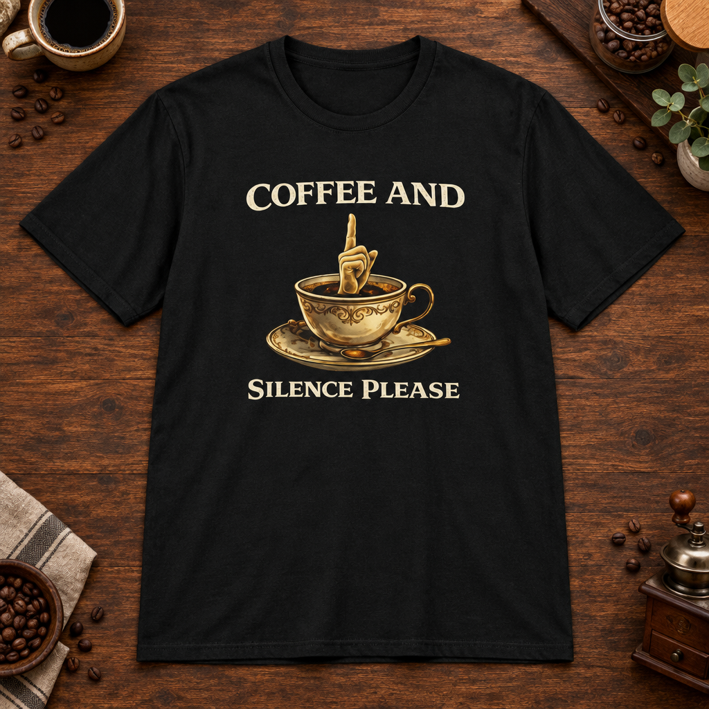 Coffee and Silence Please T-Shirt Black coffee-bar flat lay