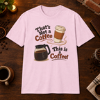 That’s Not a Coffee T-Shirt in Light Pink, overhead coffee-bar flat-lay mockup